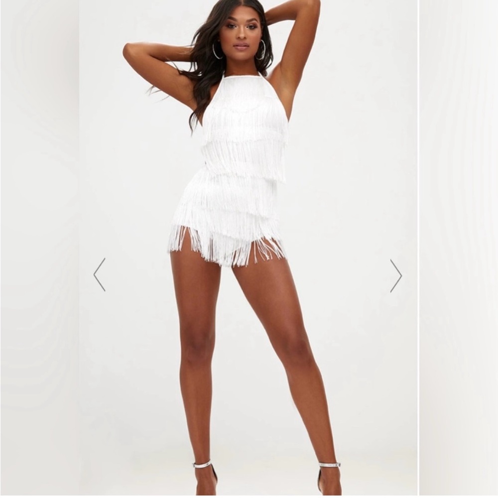 NWT PrettyLittleThing White Tassel Playsuit Size 12